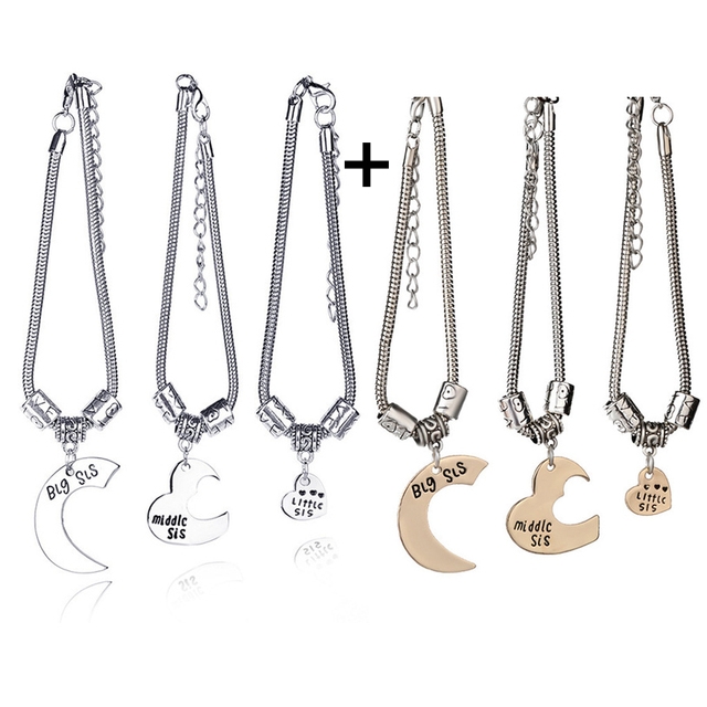 Juego de 3 piezas de pulseras para hermanas, colgante de corazón para hermanas grandes, medianas y pequeñas, cadena de mano de Metal de amistad, joyería de para chica: Rodio plateado