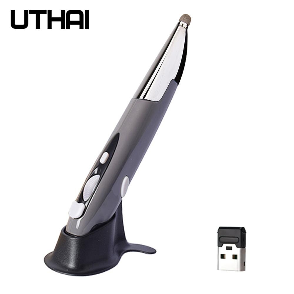 Uthai DB32 Usb Capacitieve Pen _ 2.4G Draadloze Muis Pen Persoonlijkheid Creatieve Verticale Pen Vorm Computer Stylus Batterij Muis: gray