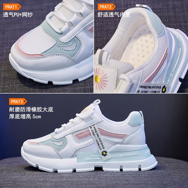 Tenis Femenino de malla transpirable para mujer, zapatillas de deporte blancas de fondo grueso y suave, deportivas para Fitness, novedad de