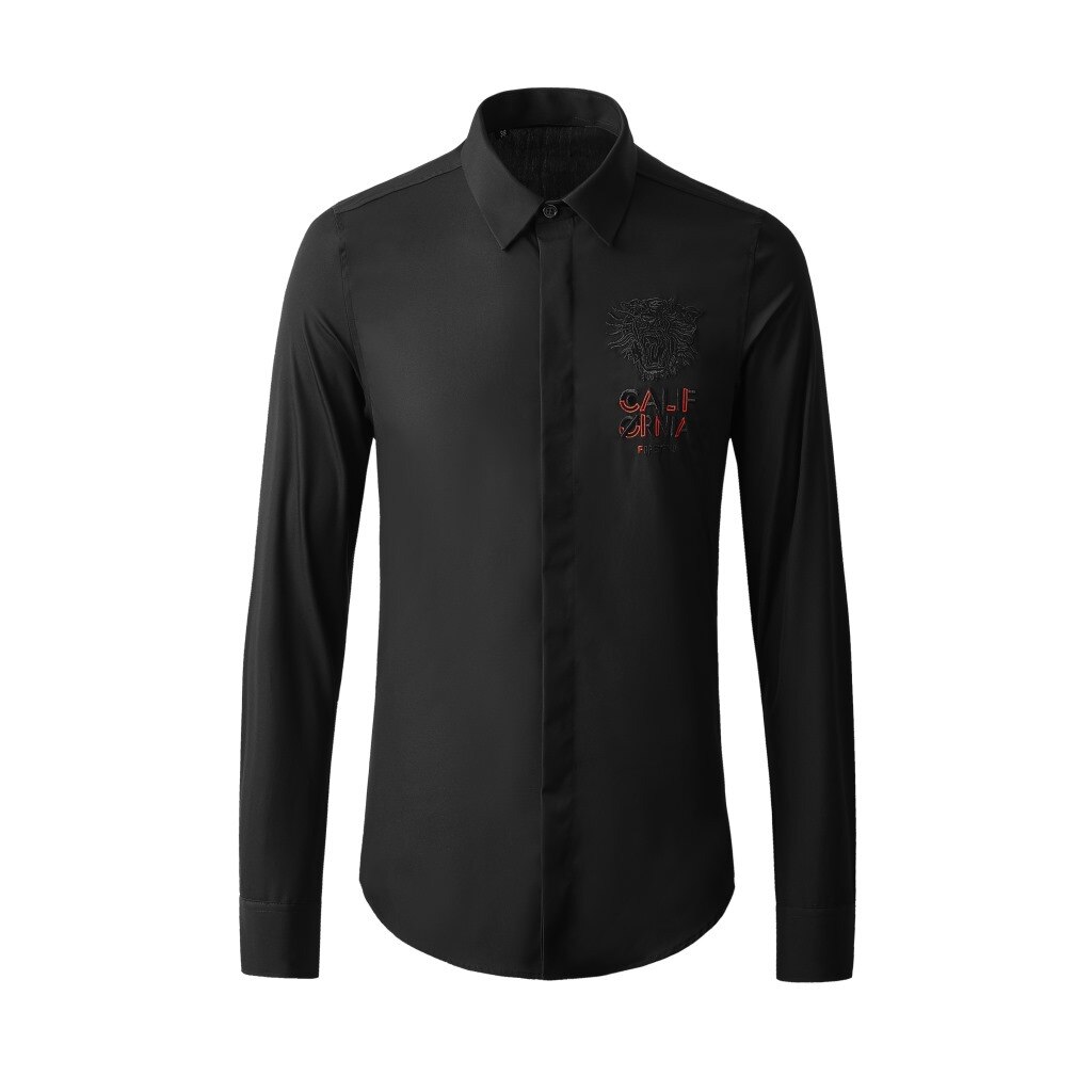 Långärmade manliga skjortor svart tigerbroderi casual herrklänningskjortor slim fit manskjortor plus storlek 4xl: Svart / 4xl