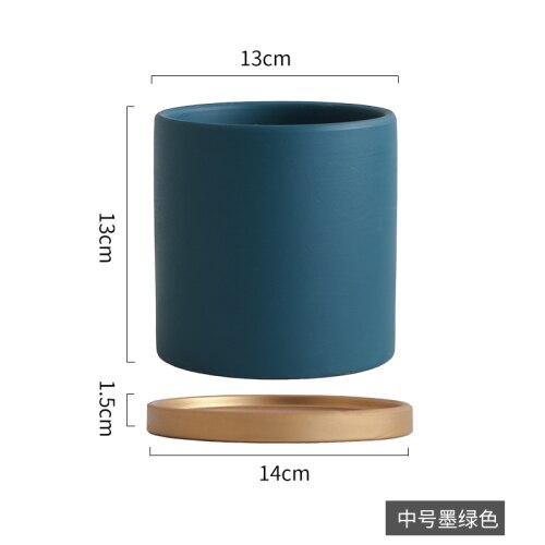 Eenvoudige, rechte, kleurrijke, cilindrische, keramische bloempot in europese stijl, vetplanten, bloemen, groene dillepot met gouden schaal: A13cm