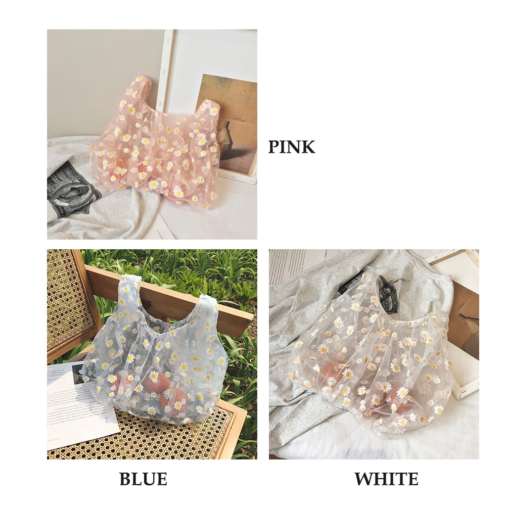 Spring Women Small Transparent Tote Mesh Cloth Bag Daisy Embroidery Handbag Eco Fruit Bag Purse For Girls