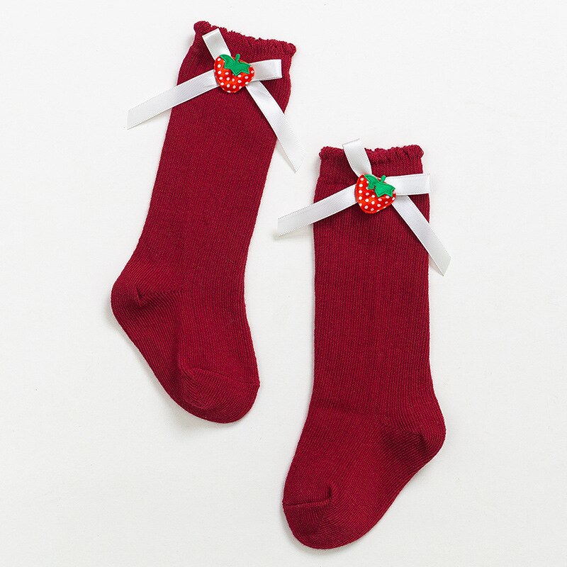 Calcetines largos hasta la rodilla con lazos para bebé, de algodón, Color liso, para primavera y otoño: burgundy