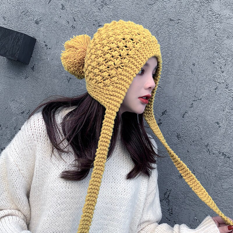 Ushanka-gorro de algodón tejido a mano para mujer, gorros gruesos y cálidos con Protector de orejas, para otoño e invierno,