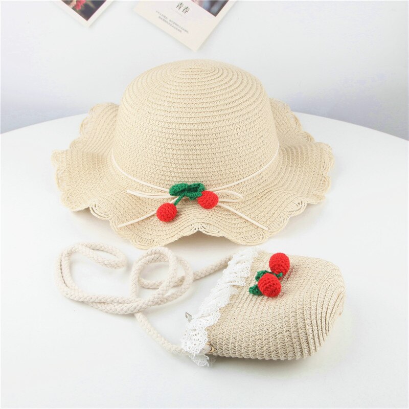 Baby piger sommer hat strand stråhat panama cap dejlige sol hatte til børn uv beskyttende hatgorras casquette: Beige med taske