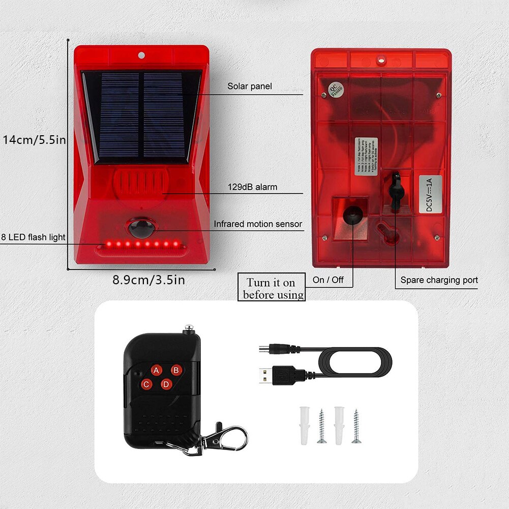 Solar Powered Sound Alarm IP65-Rated Water Resistant Motion Sensor Remote Control Siren For Home Security Burglar Alarm System