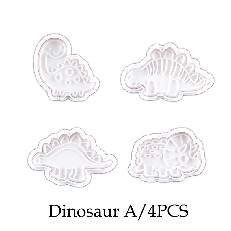 4Pcs Dinosaurus Cookies Cutter Mold Dinosaurus Biscuit Embossing Mould Sugar Craft Dessert Bakken Siliconen Mal Voor Zeep Chocolade