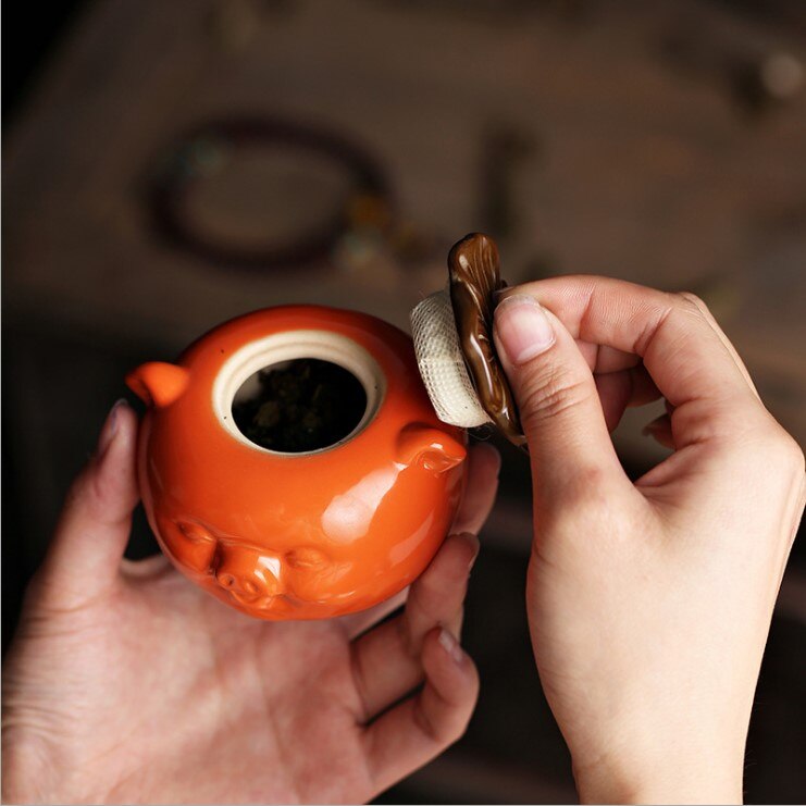 simple and cute Pig Ceramic miniature Tea caddy Orange and Green