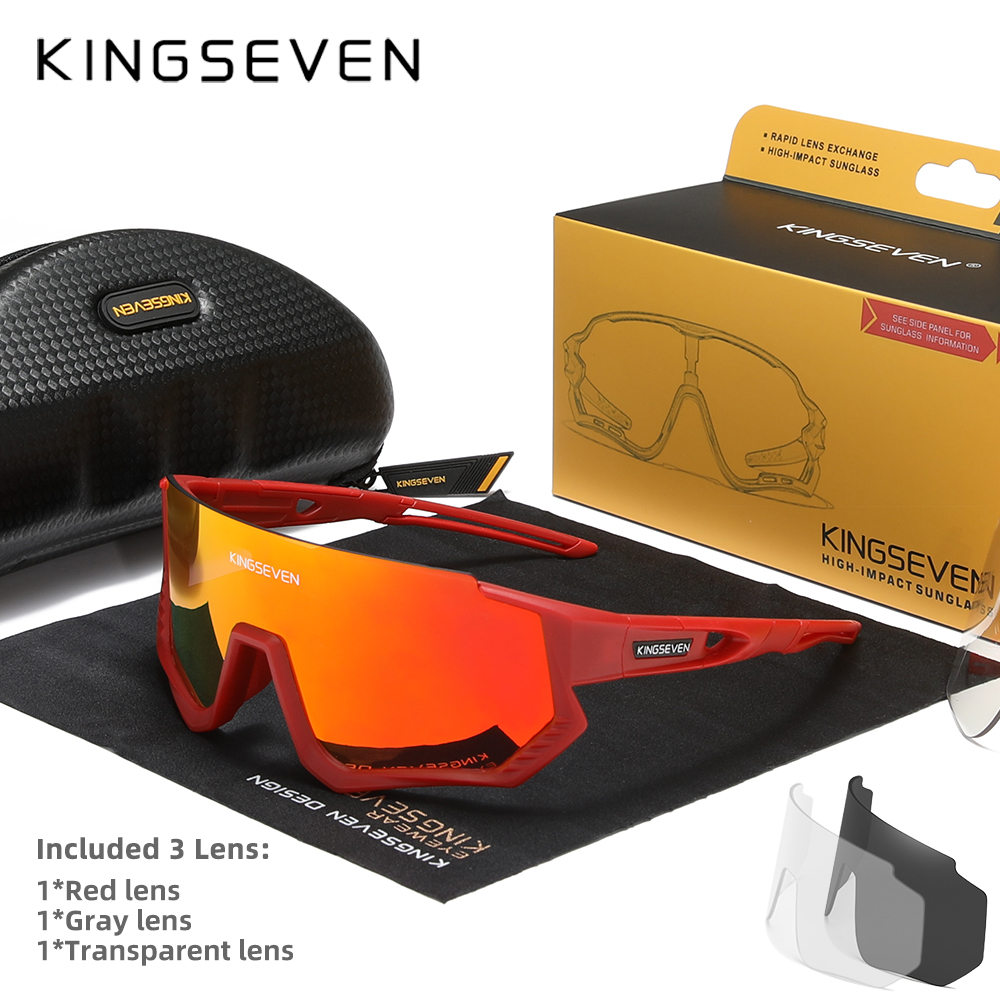 Kingseven cykelsolglasögon polariserade glasögon  uv400 solglasögon för körning och fiske för män och kvinnor, mtb, racercykelglasögon 3 linser: Guld-