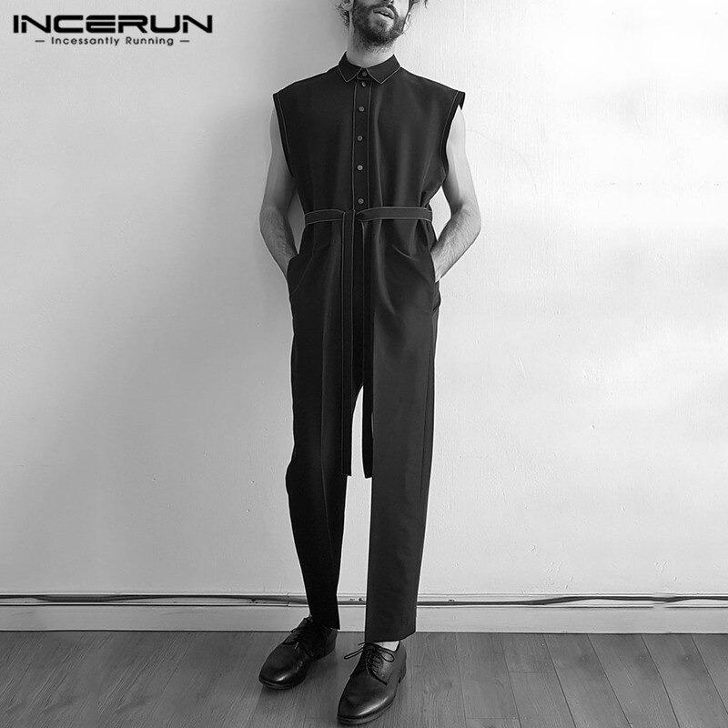 Mono sin mangas para hombre, ropa de calle firme, pantalones con botón de solapa con cinturón, monos para correr, informal para hombre,