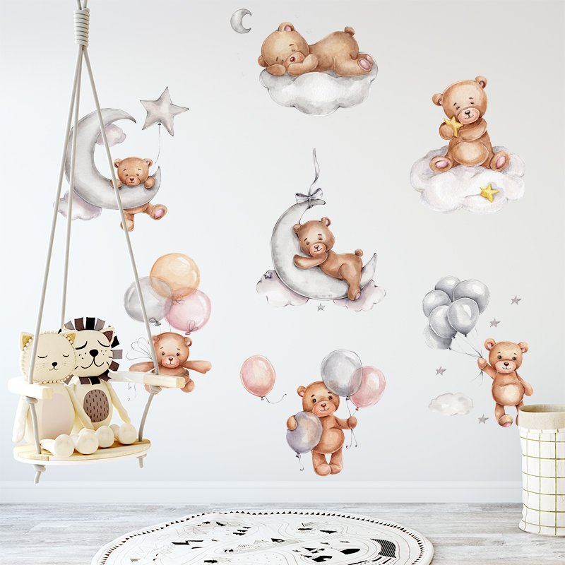 Standing Teddy Bear with Pink Grey Balloons Wall Stickers for Kids Room Baby Nursery Room Decoration BABY Shower Wall Decals PVC