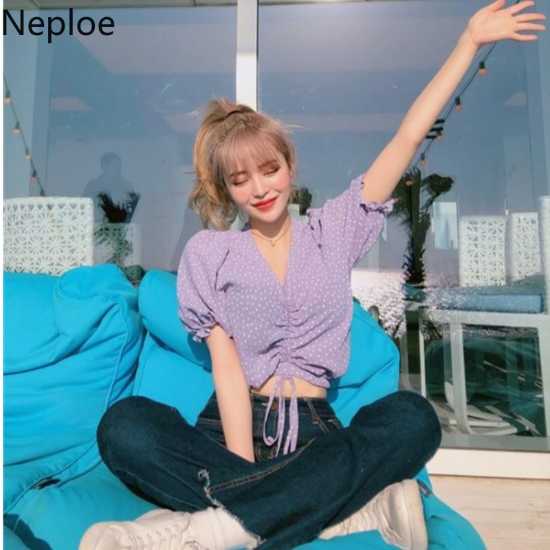 Neploe coréen Ins col en V pull cordon courte Blouse femmes bouffée à manches courtes Dot imprimer Blusas été chemise
