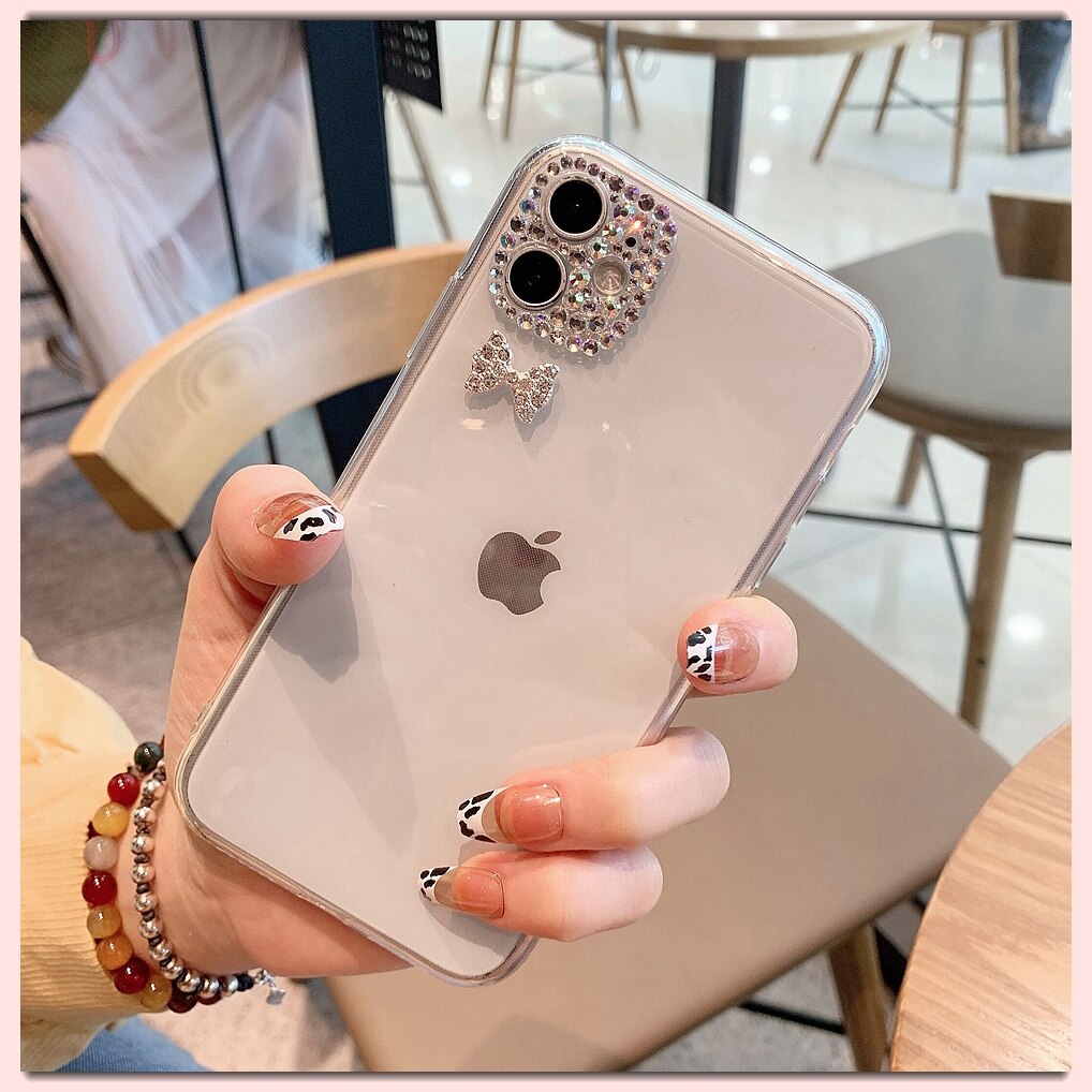 Coque de Protection transparente en TPU pour iPhone, compatible modèles 11, 12 Pro Max, X, XR, XS, 7, 8 Plus, 12 Mini coque avec caméra diamant et papillon