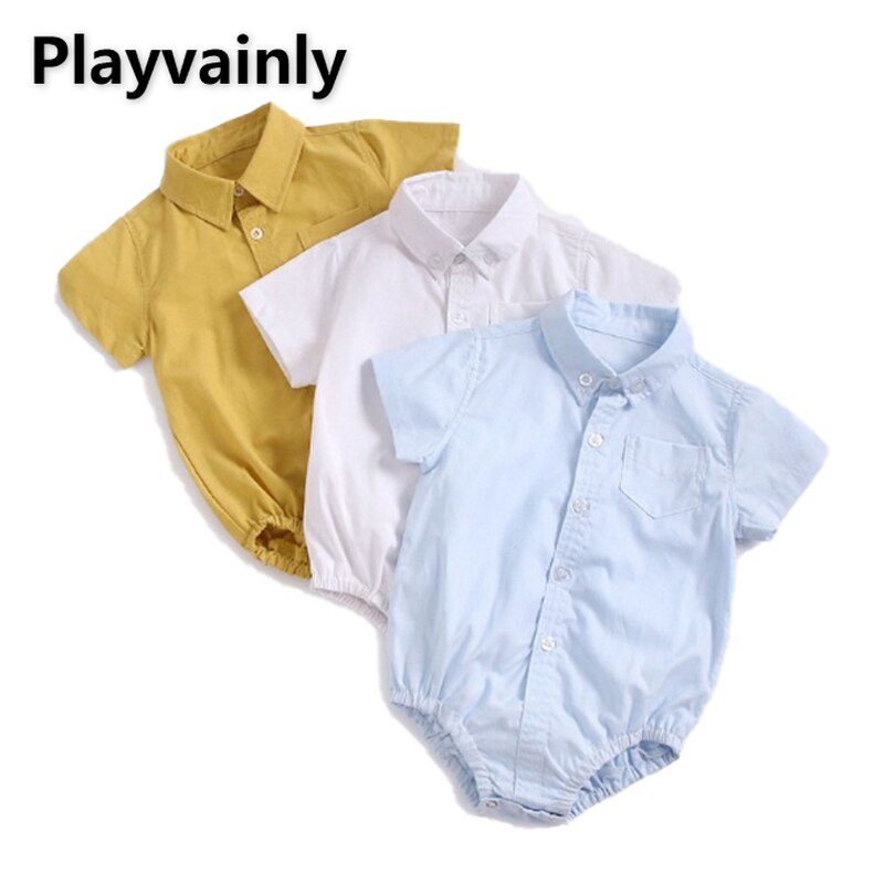 2022 novo verão bebê menino bodysuit manga curta branco amarelo azul cor sólida macacão infantil camisas formais chlid roupas e9011