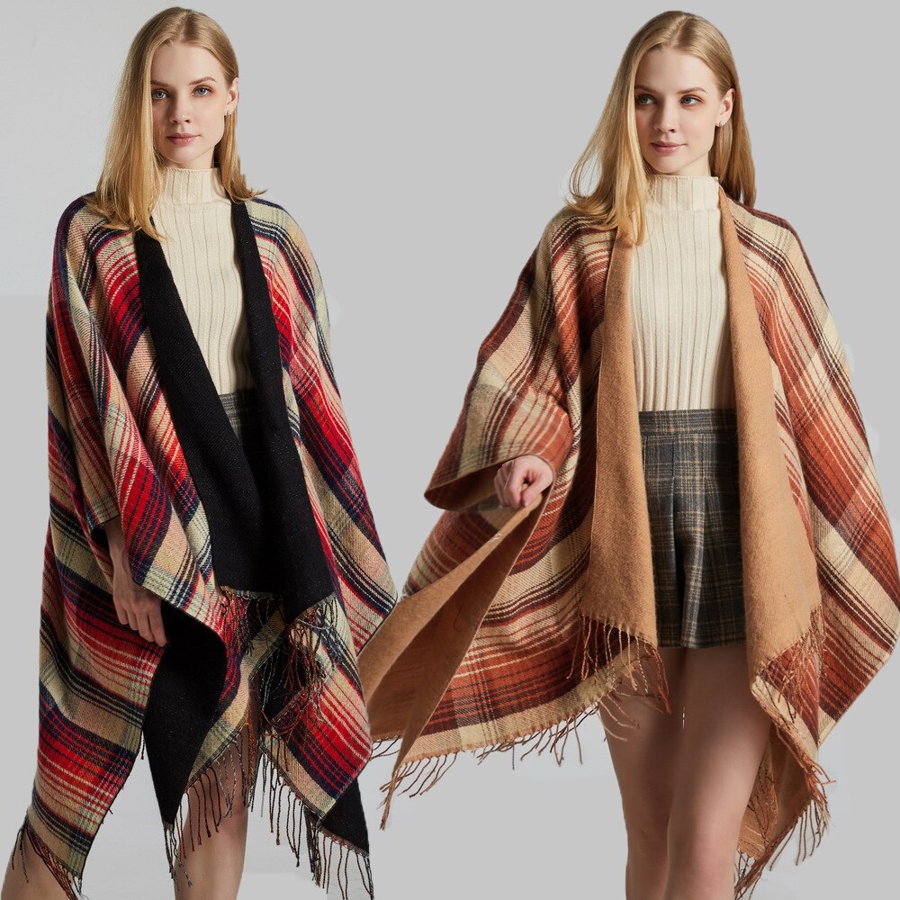 Scottish Classic Color Women Autumn Spring Plaid Shawl Cloak Imitation Cashmere Tassel Thick Warmth Split Shawl Stole Pashmina