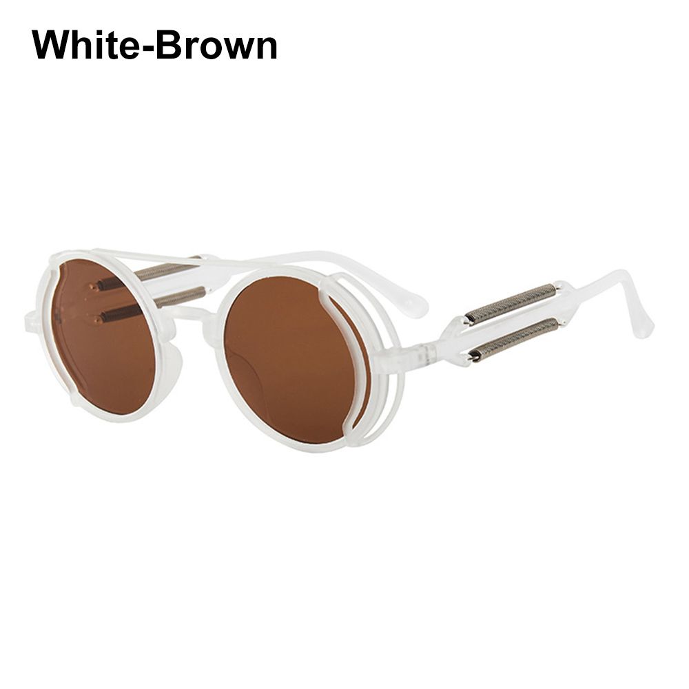 Gothic Punk UV400 Bescherming Trendy Ronde Zonnebril Steampunk Zonnebril Mannen Eyewear Zonnebril: White-Brown