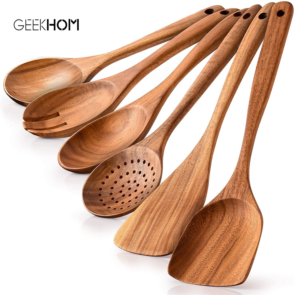 GEEKHOM Wooden Cooking Utensils Set Heat Resistant Cookware Spatula Set Wooden Handle Kitchen Accessories Cooking Tools