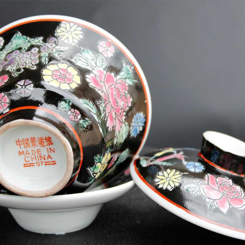 Antique Jingdezhen Antique Porcelain Pastel Black Flower Cover Bowl Hand Painted Factory Goods Covered-bowl