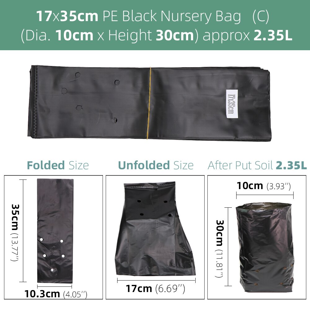 Bolsas de plástico de polietileno para vivero, macetas de cultivo de plantas de tela con agujeros transpirables para cultivo doméstico, suministros de jardinería, color negro, 100 piezas: Black 17x35cm