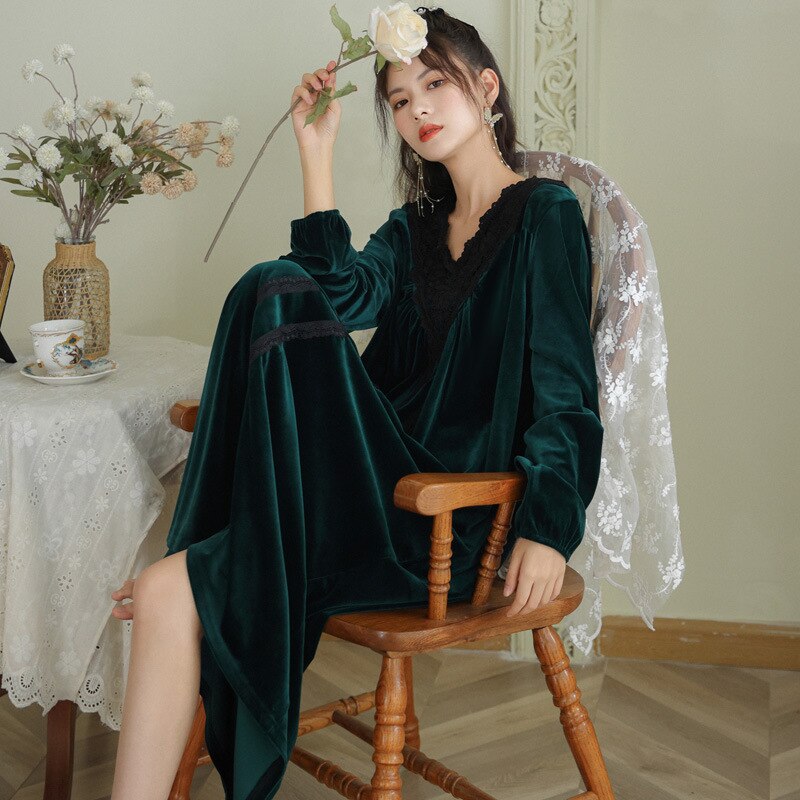 Pijamas cálidos de terciopelo para invierno, vestido suelto para el hogar, camisones de manga larga, albornoces para mujer, ropa de dormir: ink green / M fit for 40-50kg