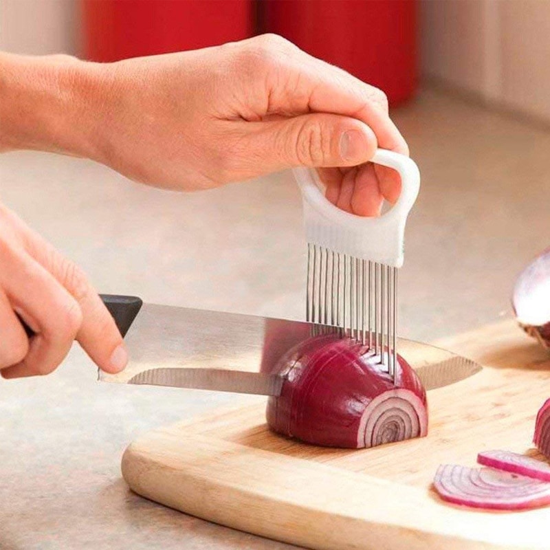 Rvs Snijden Keuken Gadget Ui Groenten Slicer Snijden Aid Houder Gids Snijden Cutter Veilig Vork Keukengereedschap