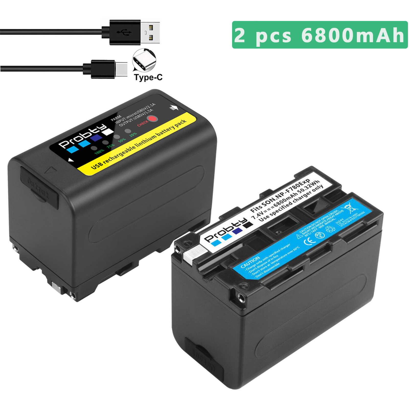 Probty 6800mAh/8800mAh NP-F980 NP-F970 NPF960 NPF970 Battery with USB Charge Output For Sony PLM-100 CCD-TRV35 MVC-FD91 MC1500C: 2 6800mAh Battery