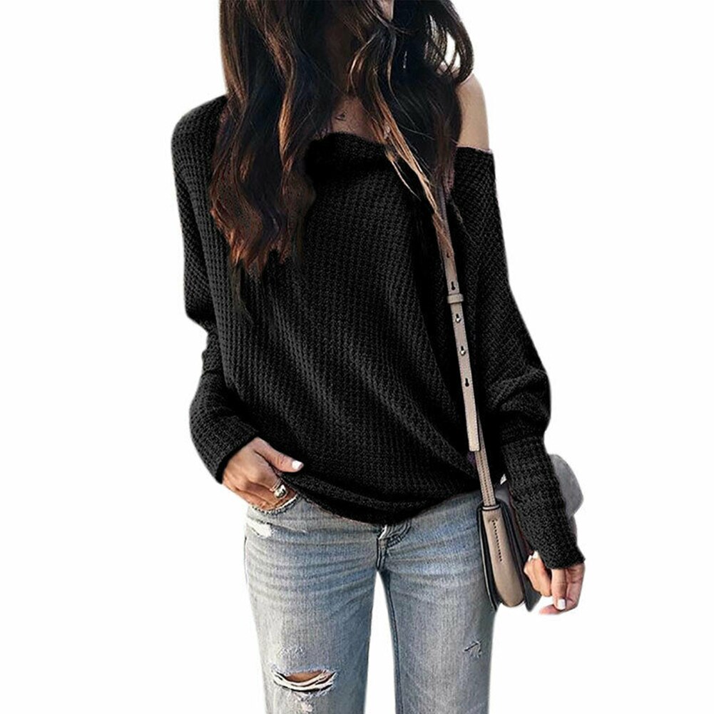 Kvinder solid skæv krave sweater blødt lanterne ærme hjem shopping bomuld blanding afslappet slim fit outwear off shoulder dagligt kontor: Sort / L