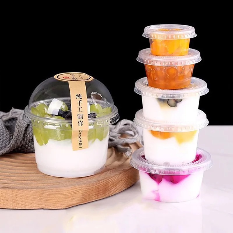 Engangssalatkopper 250ML - Gennemsigtig Plast Dessertkopper Skåle Beholder med Dome/Flad Låg