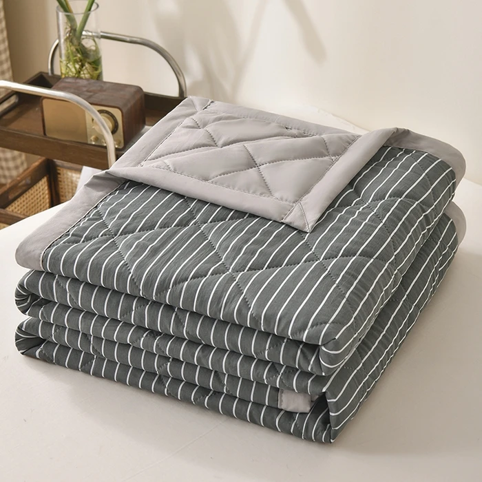 Striped checkered summer thin blanket skin friendly printed summer cool blanket air conditioning blanket thin core: King / Dark Grey
