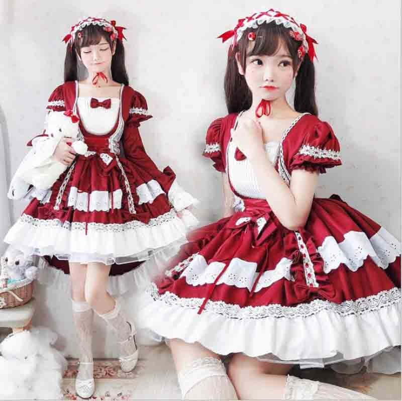 Vestido Lolita gótico para chicas, vestido Lolita de manga larga extraíble, disfraz de sirvienta para mujer, disfraz de Lolita roja para mujeres y niñas de talla grande
