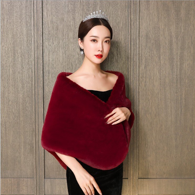 Burgund Schwarz Faux Fell wickeln Frauen Prom Abendkleid Abdeckung hoch Schal Hamdade zucken Pelz Stola Hochzeit Jacke Zubehör: Burgund