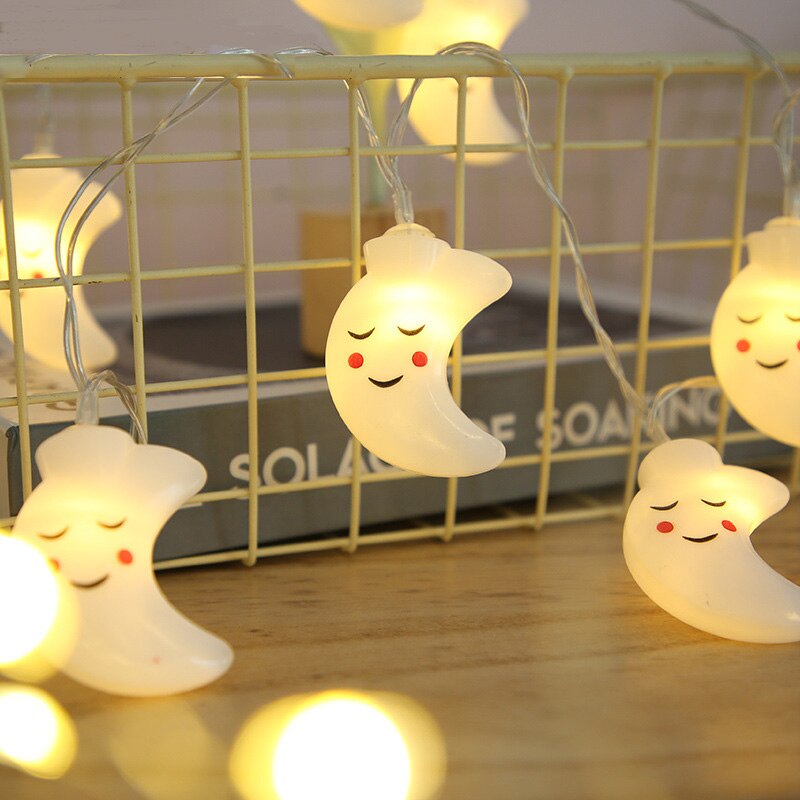 1.5m x 10 led lachende maan lichtslingers kerstfeeën slingers voor buiten op batterijen voor kerstfeest en tuindecoratie: Warm wit