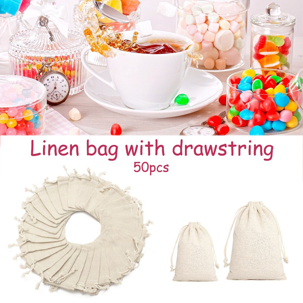 50Pcs Small Bag Natural Linen Pouch Drawstring Burlap Jute Sack With Drawstring Party Supplies For Candy Wedding Favors
