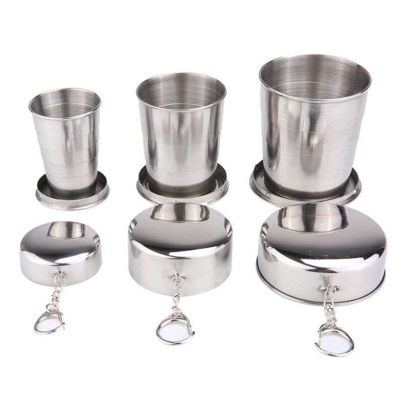 Rvs Outdoor Gebruiksvoorwerp Camping Vouwen Cup Servies Met Sleutelhanger Reizen Outdoor Wandelen Draagbare Cup