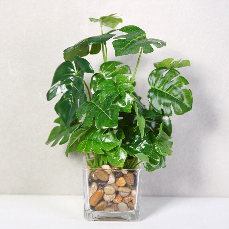 Erxiaobao kunstige planter med glaspotte simulation bonsai potteplanter placeret grønne firkløver hjemmebord vinduer dekoration: Monstera