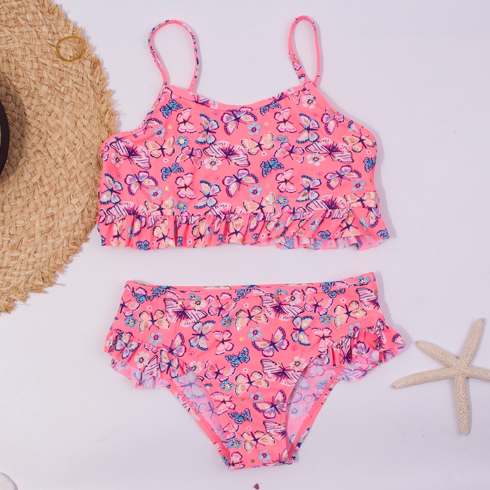 Flounce Girl Swimsuit Kids Butterfly Print Girl Bikini Set Two Piece Children's Swimwear 2-8 Years Girls Bathing Suit Beachwear: 4(3-4years)