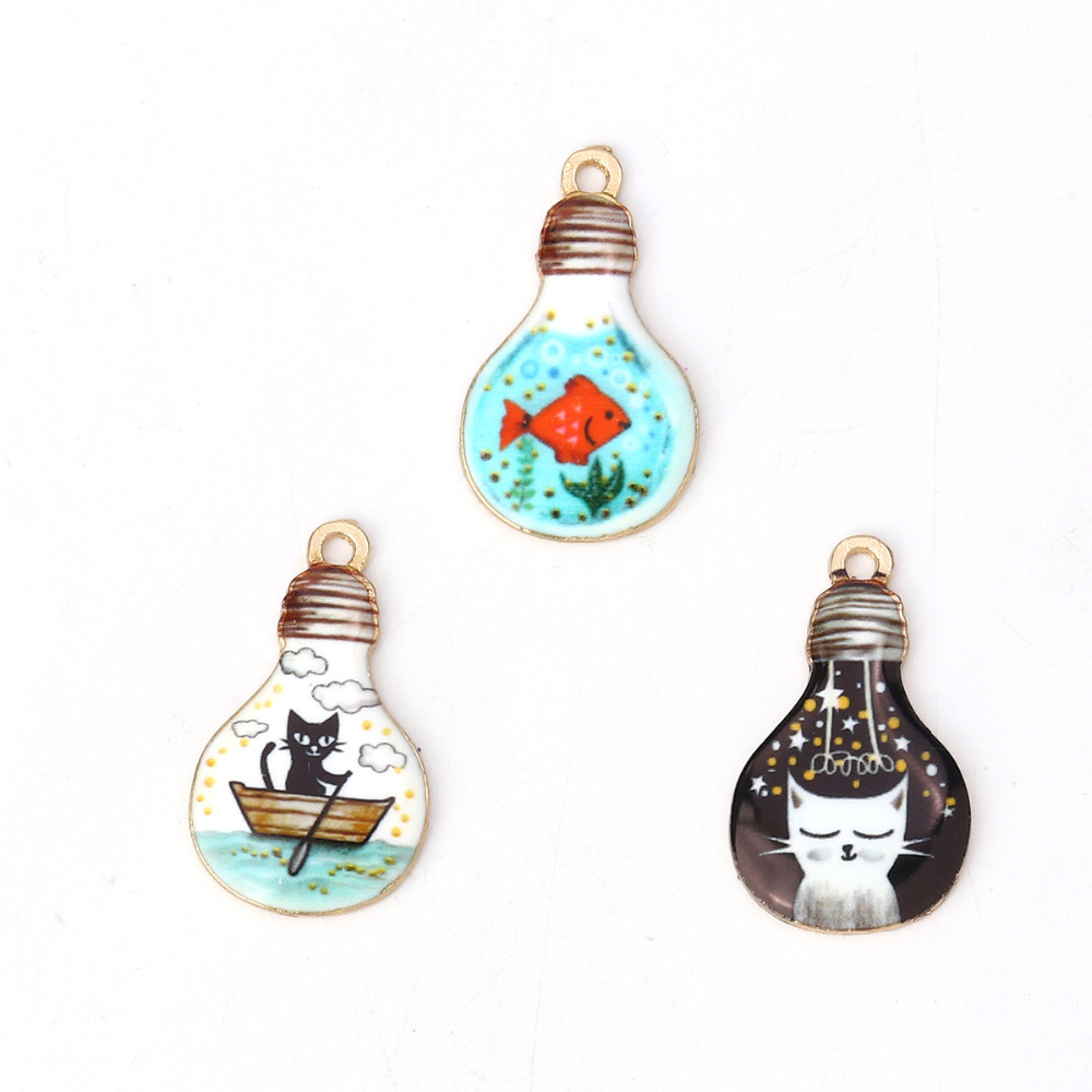 Doreen Box Zinc Based Alloy Charms Bulb Gold Metal Kawaii Black Cat And Fish Enamel Pendants 28mm(1 1/8&quot;) x 17mm( 5/8&quot;), 10 PCs