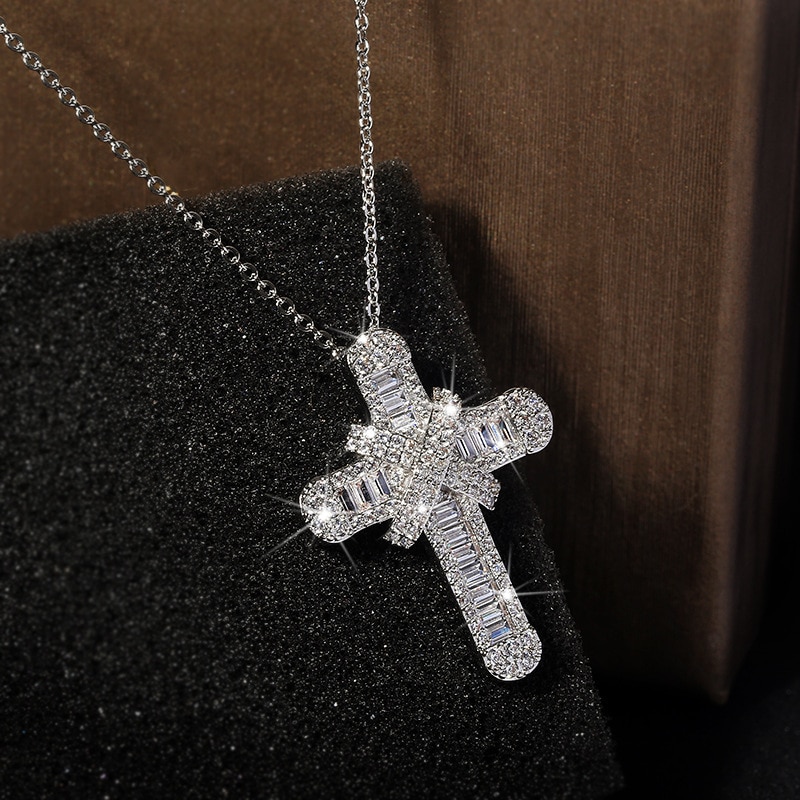 Sterling Silver Necklace Diamond Cross Pendant Christmas Zirconia Silver 925 Jewelry Bijoux Femme Bizuteria Pendants for Women