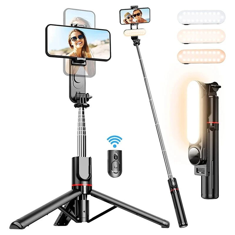 FANGTUOSI 2025 nowy L15 bezprzewodowy kijek do selfie stojak trójnóg składany monopod z oświetleniem Led dla smartfonów Tiktok strzelanie na żywo