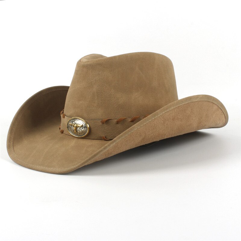 Cowboy hatte kvinder mænd western cowboy hat til far gentleman lady læder sombrero hombre jazz caps størrelse 58cm: C6 khaki