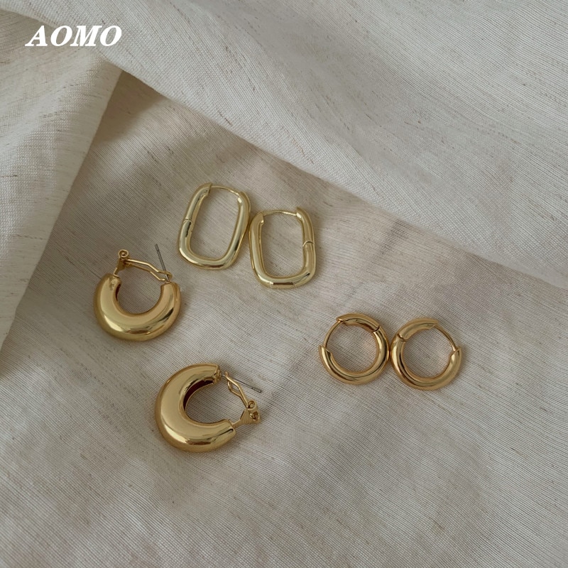 AOMU Einfache Chic Messing Metall Gold Hoop Ohrringe Vintage Runde Kreis Twisted Geometrische Ohrringe für Frauen Haken Punk Ethnische