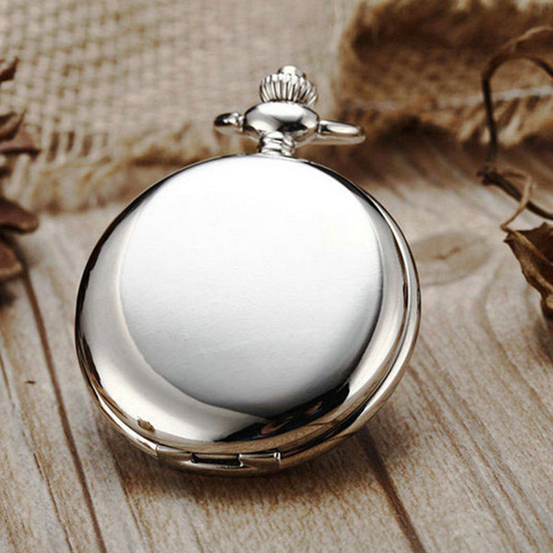 Silver Smooth Case Roman Number Dial Quartz Fob Pocket Watch with Necklace Chain for Men Women Reloj de bolsillo