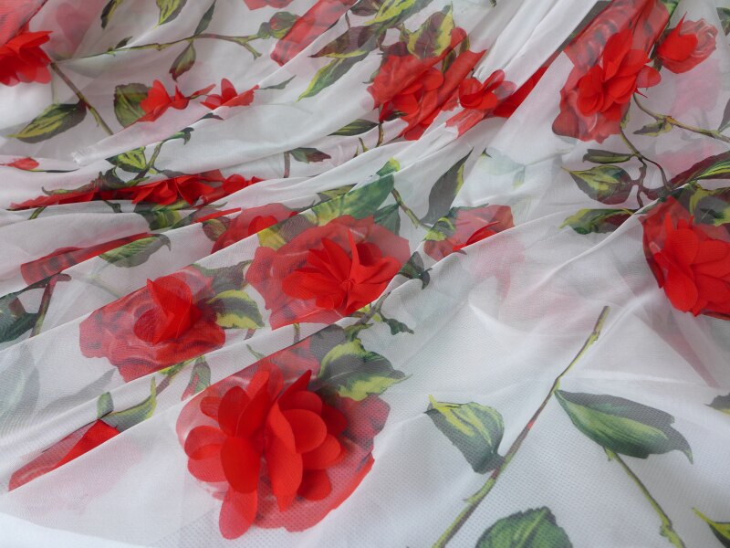 3D flores tela tul encaje rojo 3D gasa tela roseta impresión boda Vestido de novia vestido de encaje tela por yarda