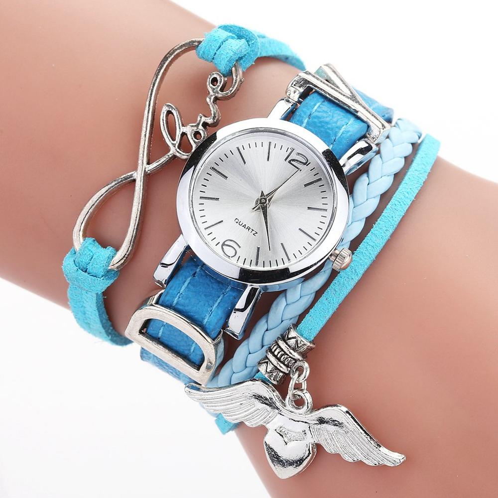 Duoya brand ure til kvinder luksus sølv hjerte vedhæng læderbælte kvarts ur damer armbåndsur armbånd zegarek damski: Himmelblå
