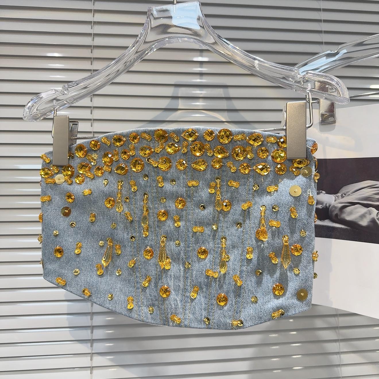 Sød denimjakkesæt til kvinder forår sommer sexet guldperlet tube top crop top retro burr denim nederdel sælges separat: L / Blå