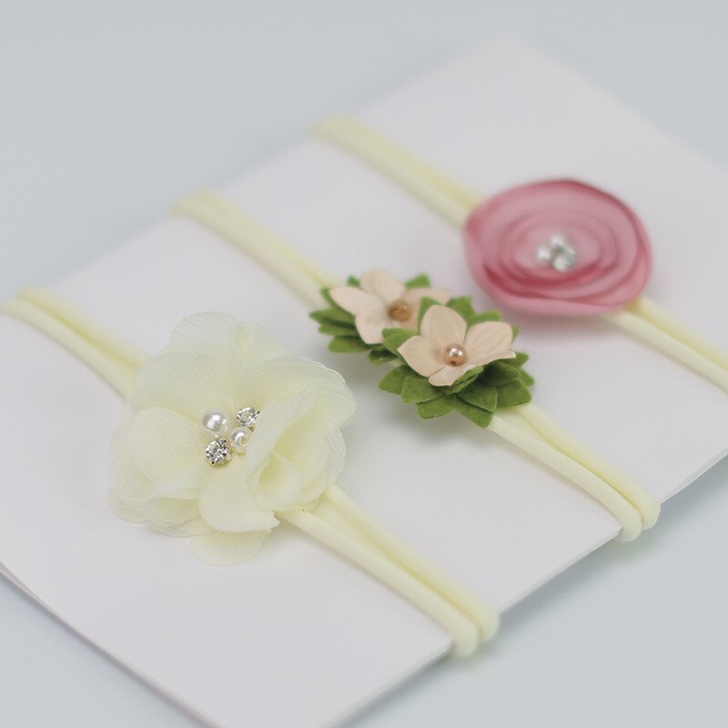 3 Pcs/Set Lace Flower Baby Headband Crown Bows Hairband Girl Turban Elastic Baby Hair Band Newborn Baby Hair Accessories: Style 2 beige