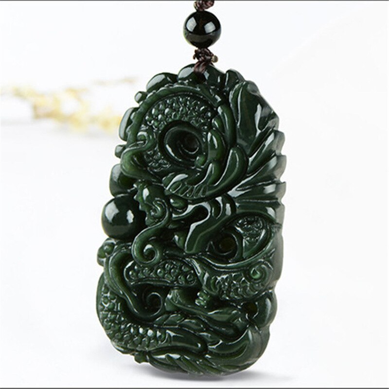 Naturel chinois HeTian vert Jade sculpté à la main Dragon pendentif perles collier bijoux de pour hommes femmes de bon augure