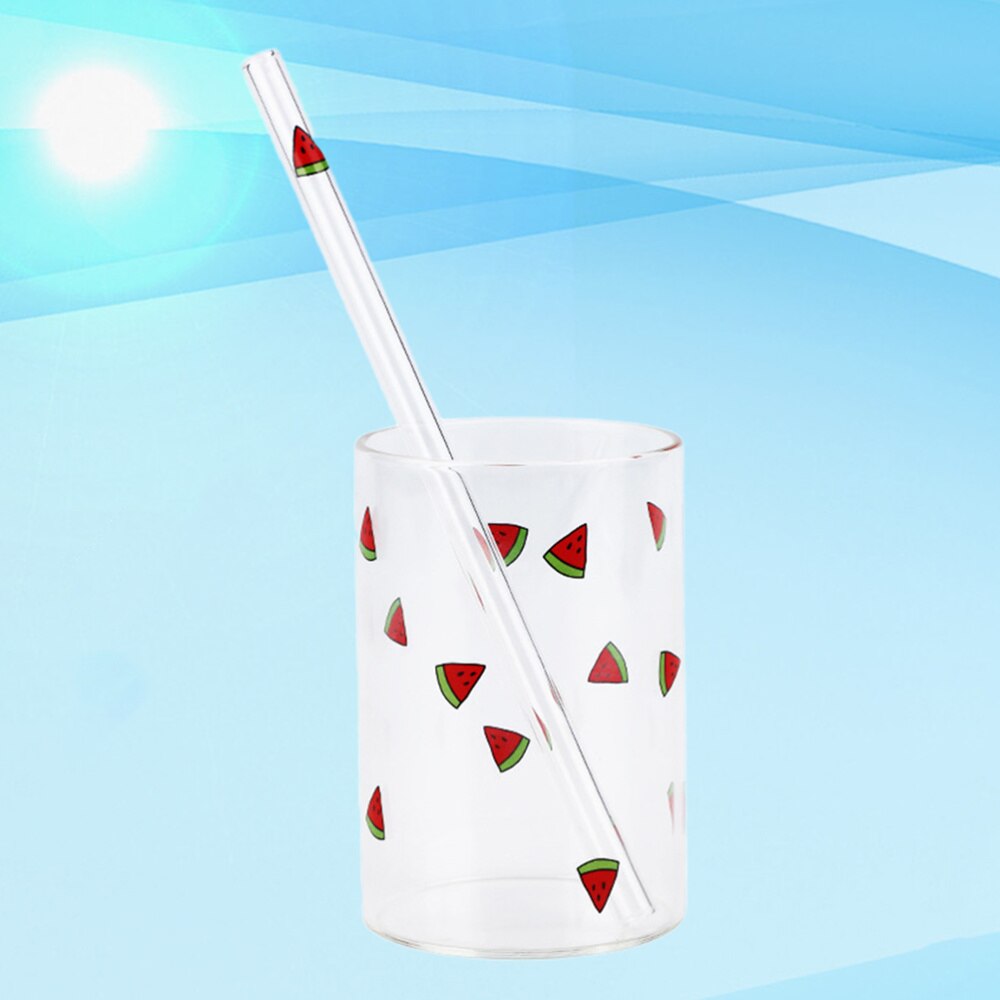 Vaso de vidrio borosilicato resistente al calor para jugo de fruta y leche, taza de almacenamiento de agua con pajita para el hogar y la Oficina (estilo de estampado de fresa