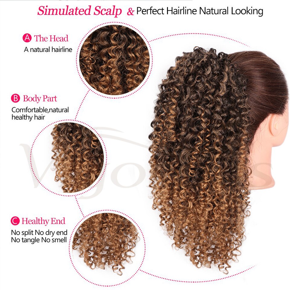 Coleta larga y rizada Afro vigorosa para extensiones de cabello, coleta sintética afroamericana con cordón, Clip