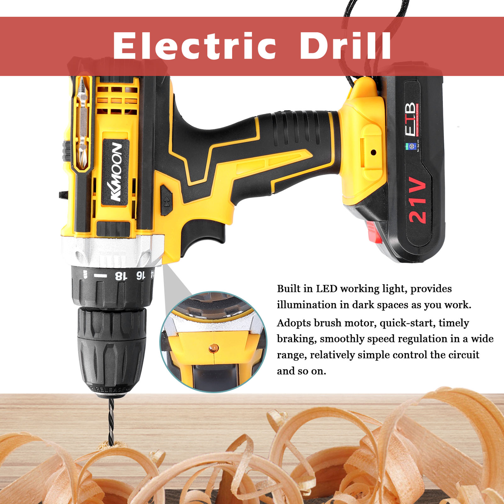 21V Cordless Electric Drill Brush Motor 2 Speeds Adjustment 18 Gears of Torque Adjustable Holes Drilling Machine